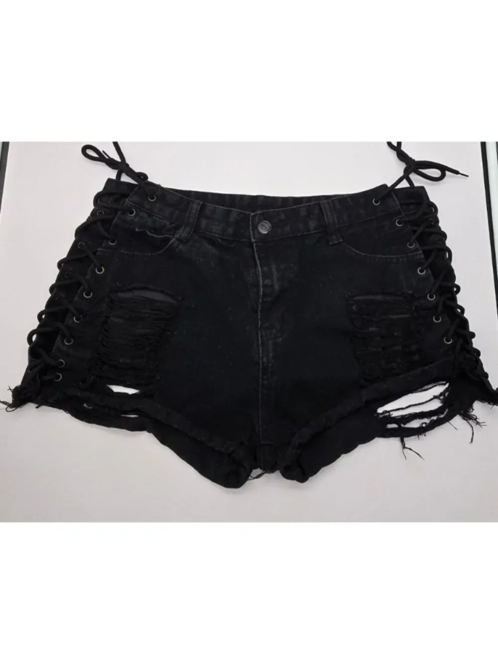 Black Distressed Denim Shorts With Lace-Up Sides And Frayed Hem Hot Pants JJ4380